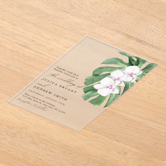 Elegant  Orchid on Tropical leaf script wedding Acryl Uitnodigingen (Laagn)