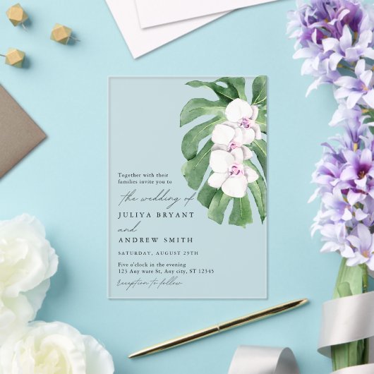 Elegant  Orchid on Tropical leaf script wedding Acryl Uitnodigingen (Insitu (Huwelijk))