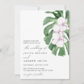 Elegant Orchid on Tropical leaf script wedding Kaart (Voorkant)