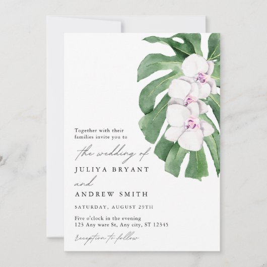 Elegant Orchid on Tropical leaf script wedding Kaart (Voorkant)