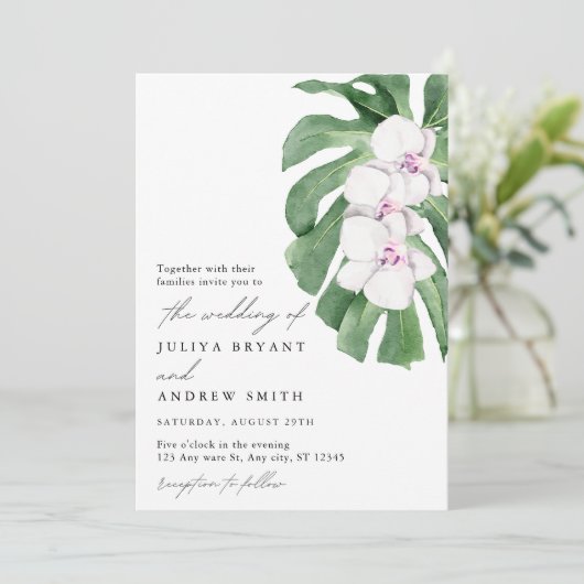 Elegant Orchid on Tropical leaf script wedding Kaart (Staand voorkant)