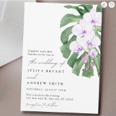 Elegant Orchid on Tropical leaf script wedding Kaart