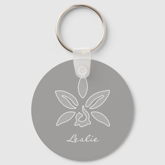 Elegant Orchid Simple Rich Grey Flower met naam Sleutelhanger (Voorkant)