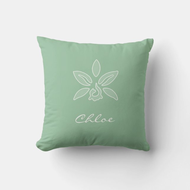 Elegant Orchid Simple Spring Green Flower en Name Kussen (Voorkant)