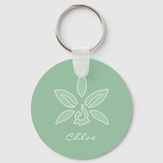 Elegant Orchid Simple Spring Green Flower en Name Sleutelhanger (Voorkant)