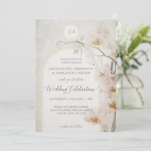 Elegant orchidee Gold Arch muste neutraal monogram Kaart (Staand voorkant)