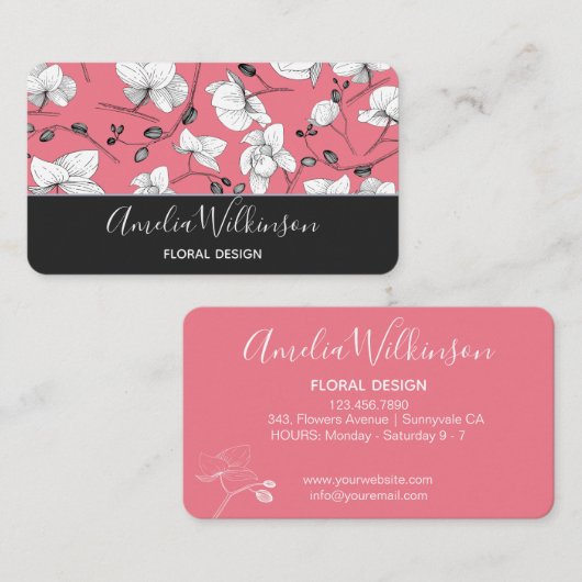 Elegant orchidee zwart-wit floreskleurig roze visitekaartje (Voorkant / Achterkant)