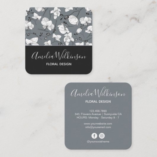 Elegant orchidee zwart-wit floreus fijn grijs vierkante visitekaartje (Voorkant / Achterkant)