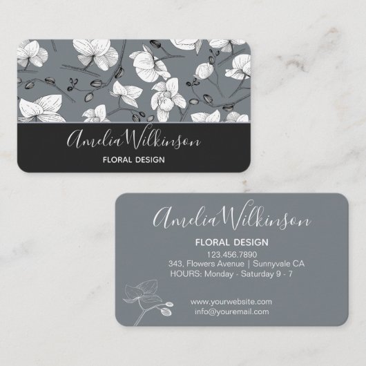 Elegant orchidee zwart-wit floreus fijn grijs visitekaartje (Voorkant / Achterkant)