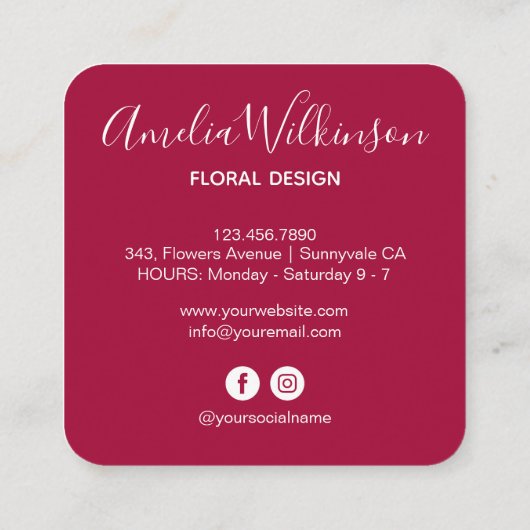 Elegant orchidee zwarte florale hedendaagse burgun vierkante visitekaartje (Achterkant)