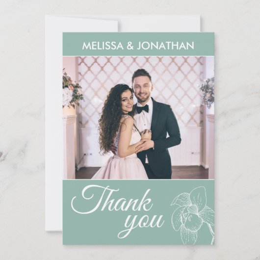 Elegant orchideeën florale moderne groene trouwfot bedankkaart (Voorkant)