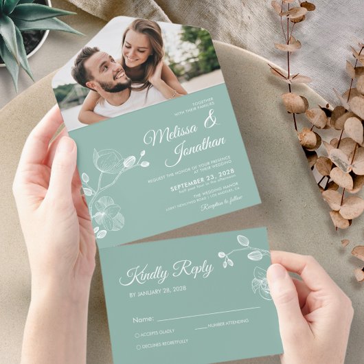 Elegant orchideeën munt green floral bruiloft all in one uitnodiging