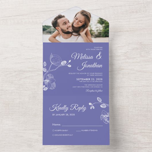 Elegant orchideeën paarse botanische bruiloft all in one uitnodiging (Binnen)