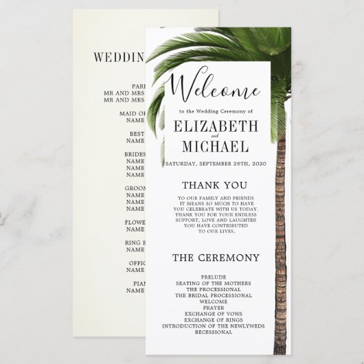 Elegant orde van dienst Tropisch Palm Wedding Menu (Voorkant / Achterkant)