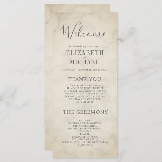 Elegant Order of Service Tropical Marble Wedding Menu (Voorkant / Achterkant)