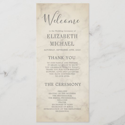 Elegant Order of Service Tropical Marble Wedding Menu (Voorkant)
