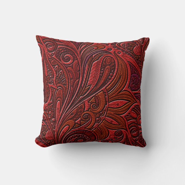 Elegant Oriental Floral Swirl op rood leder Kussen (Voorkant)