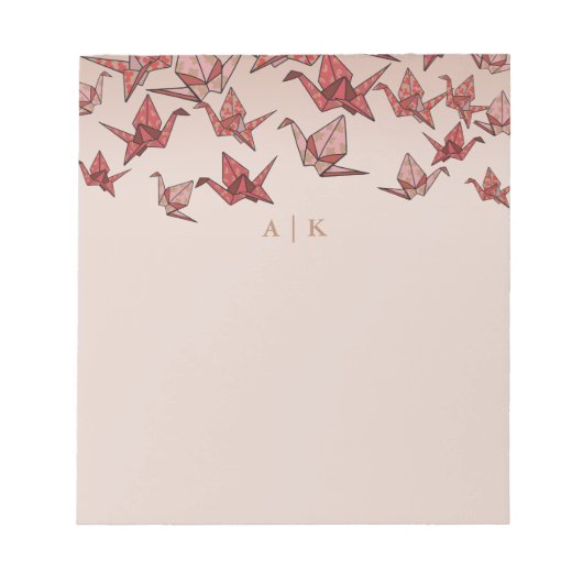 Elegant Origami Papier Kraan Rood Monogram Notitieblok (Voorkant)