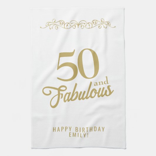 Elegant Ornament 50 en Fabulous 50th Birthday Theedoek (Verticaal)