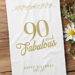 Elegant Ornament 90 en Fabulous 90th Birthday Theedoek<br><div class="desc">Elegant Ornament 90 en 90th Birthday keukenhanddoek. 90 en geweldig gezegde in trendy golden script en een gouden versiering. Pas het aan met jouw naam en leeftijd.</div>