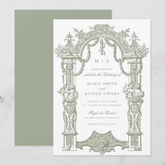 Elegant Ornament Border Lijst Sage Wedding Kaart (Voorkant / Achterkant)