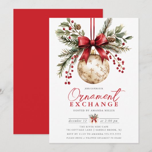 Elegant Ornament Exchange Invite Kaart (Voorkant / Achterkant)