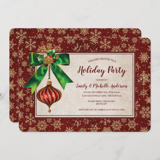 Elegant Ornament & Gold Glitter Holiday Party Kaart (Voorkant / Achterkant)