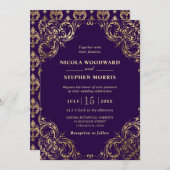 Elegant Ornament Goud Lijst op Paarse Bruiloft Kaart (Voorkant / Achterkant)