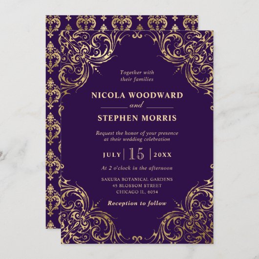 Elegant Ornament Goud Lijst op Paarse Bruiloft Kaart (Voorkant / Achterkant)
