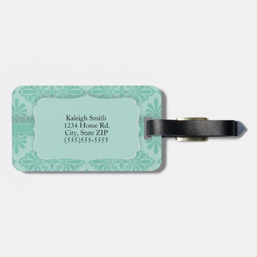 Elegant Ornamental Blauwgroen Monogram Bagagelabel (Achterkant horizontaal)