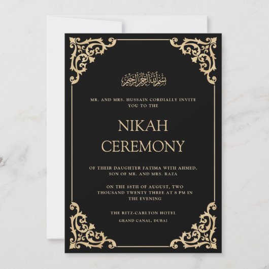 Elegant Ornate Black Gold Nikah Ceremony Wedding Kaart (Voorkant)