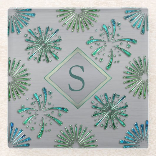 Elegant Ornate Blue Green Pattern Monogram Glazen Onderzetter (Voorkant)