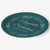 Elegant Ornate Border Dark Teal & Gold Wedding Papieren Bordje (Gekanteld)