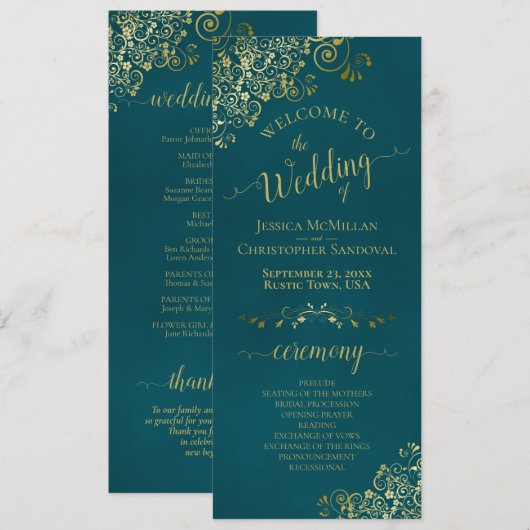 Elegant Ornate Golden Curls on Dark Teal Wedding Programmakaart (Voorkant / Achterkant)