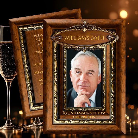 Elegant Ornate Rustic Gold Wood Photo Birthday men Kaart