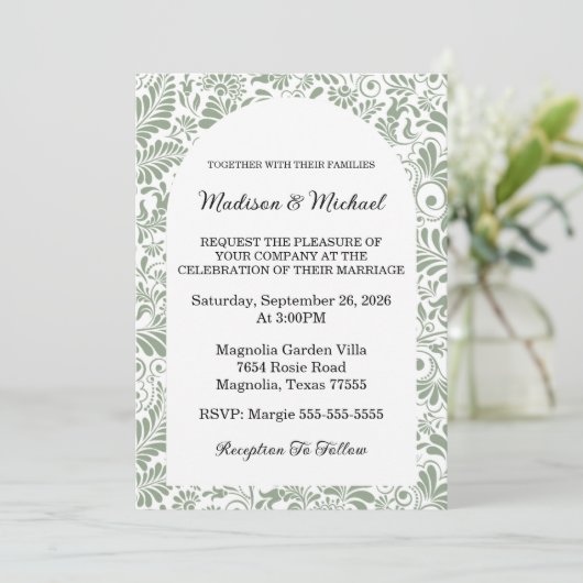 Elegant Ornate Swirl Sage Green Floral Wedding Kaart (Staand voorkant)