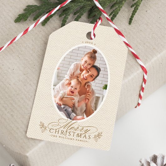 Elegant Ovaal Lijst Vrolijke Kerstfoto Cadeaulabel