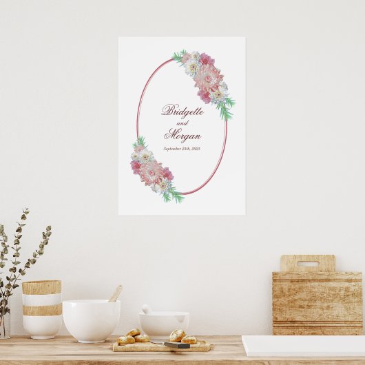 Elegant Oval Border Pink Floral Wedding Poster (Keuken)