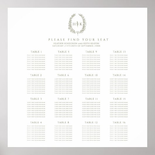 Elegant oval olive green wedding 16 tables plan poster (Voorkant)