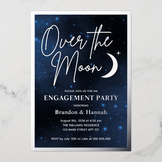 Elegant over Moon Engagement Party Real Silver Folie Uitnodiging (Voorkant)
