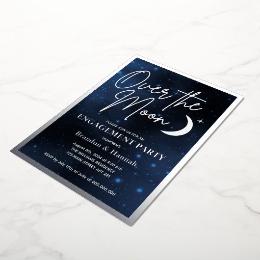 Elegant over Moon Engagement Party Real Silver Folie Uitnodiging (Gedraaid)