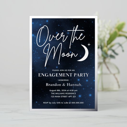 Elegant over Moon Engagement Party Real Silver Folie Uitnodiging (Staand Voorkant)