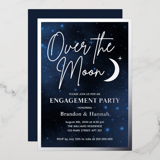 Elegant over Moon Engagement Party Real Silver Folie Uitnodiging (Voorkant / Achterkant)