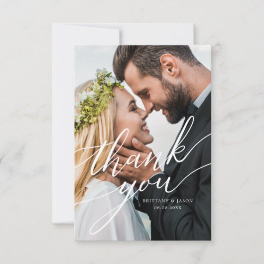 Elegant Overlay Hand Lettered Script Weddenfoto Bedankkaart (Voorkant)