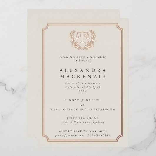 Elegant Oyster JD Law School Graduparty Folie Uitnodiging (Voorkant / Achterkant)