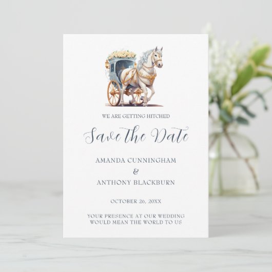 Elegant Paard Getrokken Koets Bruiloft Save The Date (Staand voorkant)