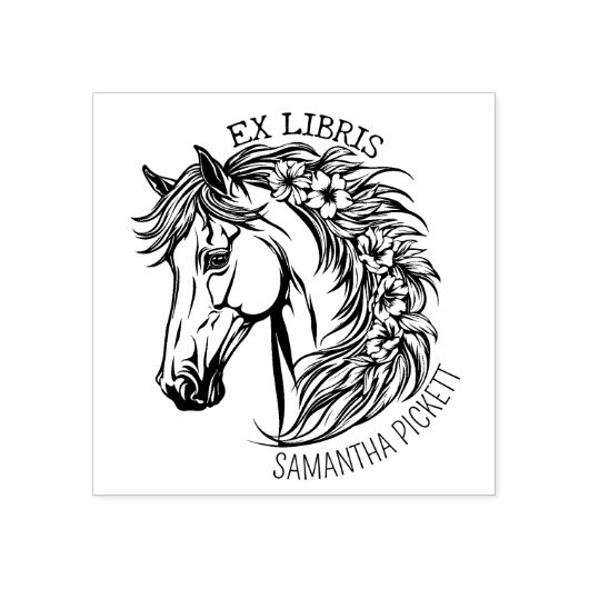 Elegant Paard met Bloemen, Ex Libris Boek   Rubberstempel (Afrduk)