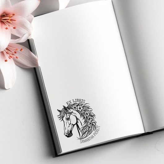 Elegant paard met bloemen, Ex Libris Boek Rubberstempel