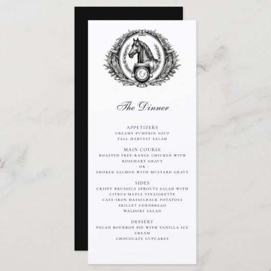 Elegant Paardenpaard Monogram Crest Bruiloft Menu (Voorkant / Achterkant)