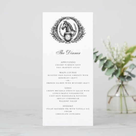 Elegant Paardenpaard Monogram Crest Bruiloft Menu (Staand voorkant)